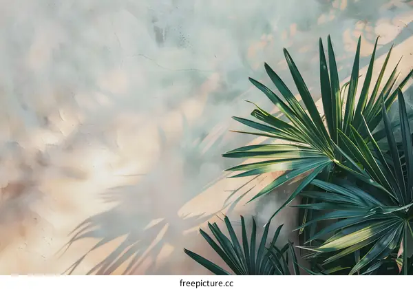 Green Tropical Leaves Against Beige Wall