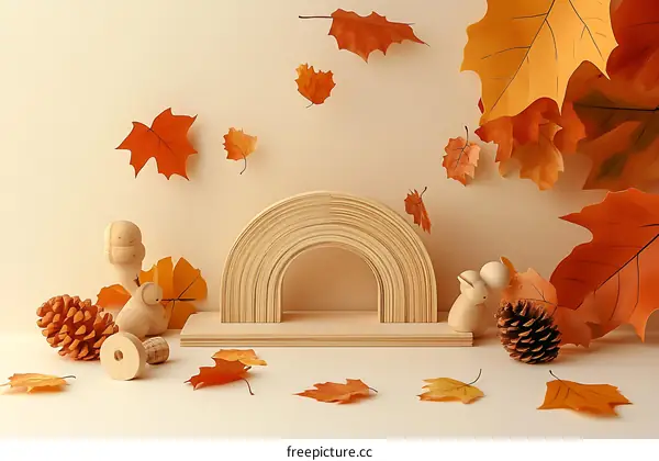 Autumnal Wooden Decor Display with Rainbow Arch