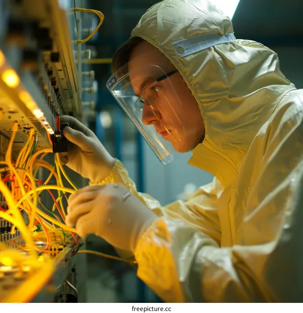 technician wearing protective clothing and face shield working on a circuit board