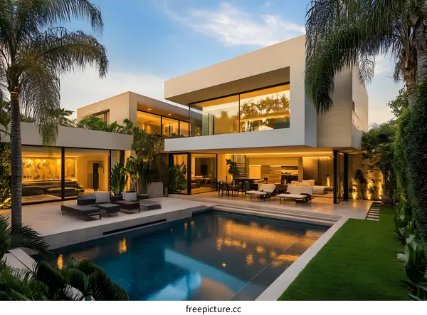 Modern Architecture House with Swimming Pool and Palm Trees