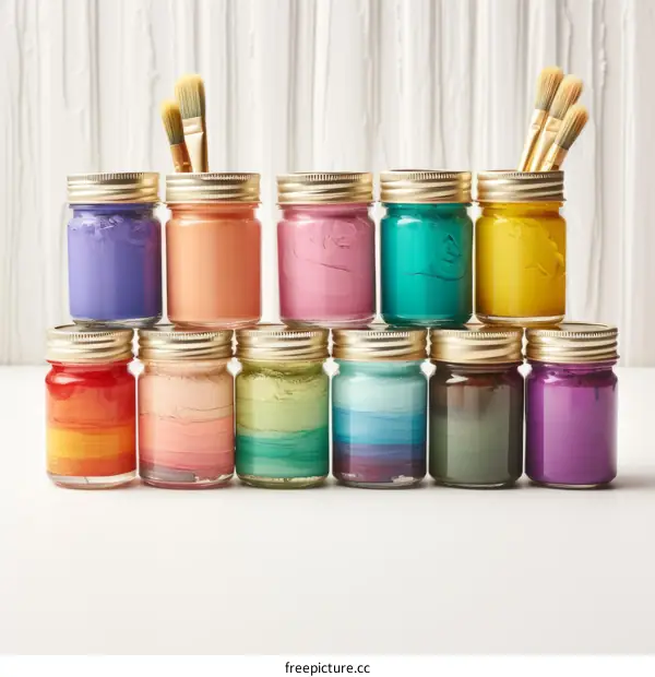 Colorful paint jars with paintbrushes
