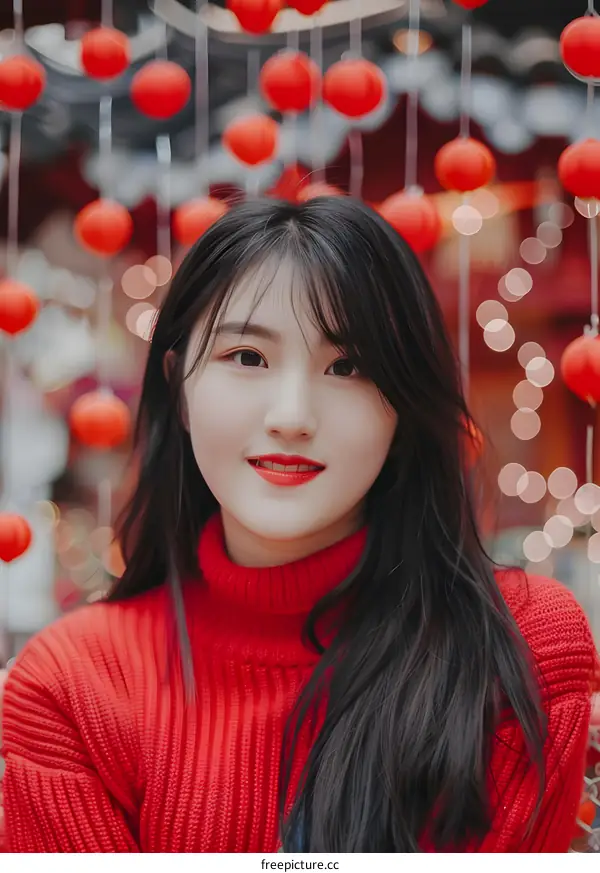 Portrait of a Young Woman with Long Black Hair Wearing a Red Sweater
