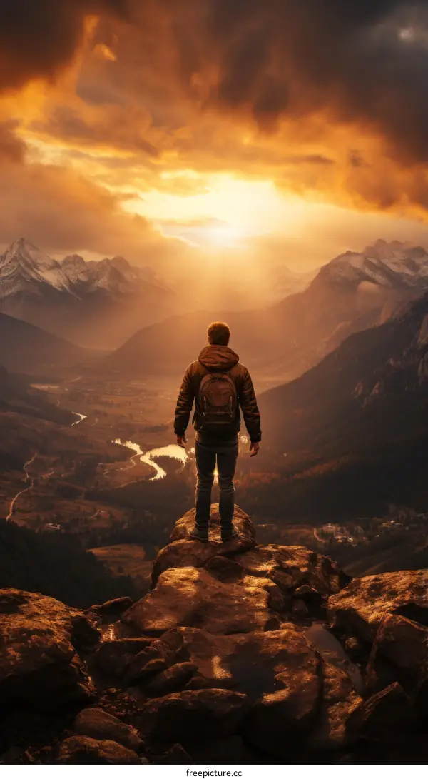 A Man Standing on a Cliff Overlooking a Valley with Mountains in the Distance