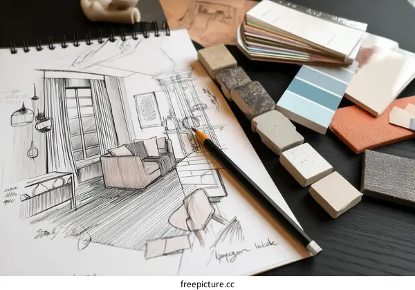 Interior Design Sketch with Material Samples