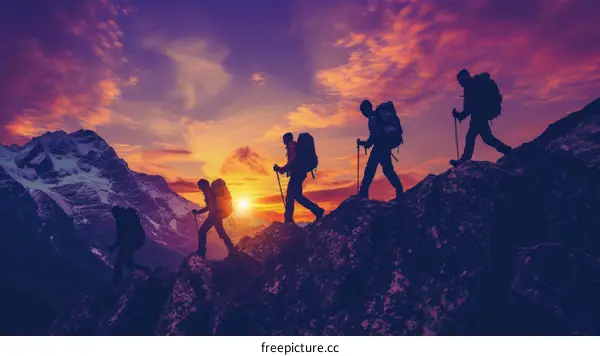 Four hikers walking on a mountain ridge at sunset