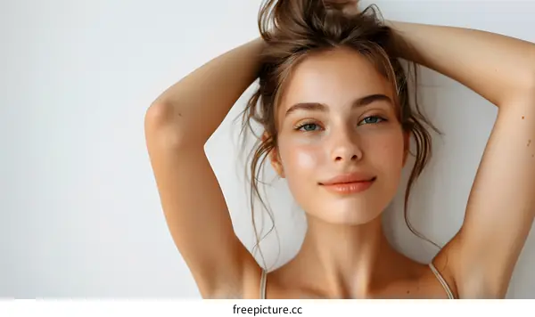 portrait of a young beautiful caucasian woman with freckles