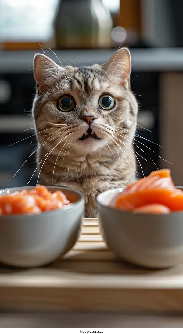 Cat looking at two bowls of salmon