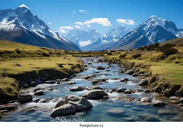 A river flowing through a valley in the Himalayas