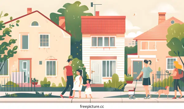 Family Walking Through a Neighborhood of Houses