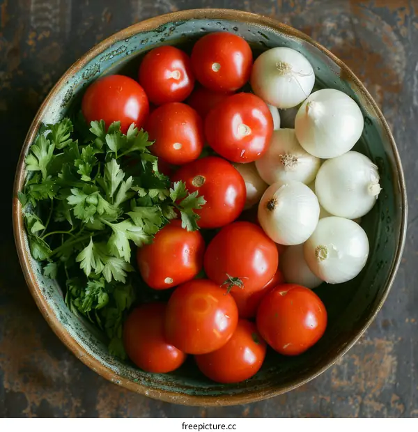 A colorful bowl filled with ripe, juicy tomatoes, fresh green onions, and fragrant parsley