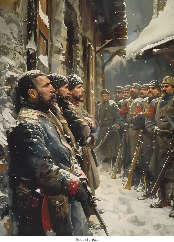 A group of soldiers standing in the snow in front of a ruined building