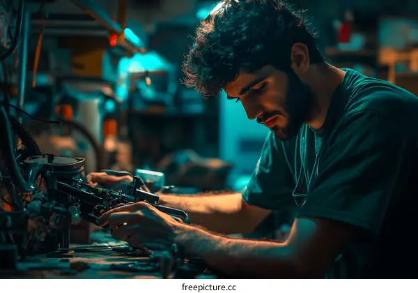 Man Working on Bike in Garage with Tools