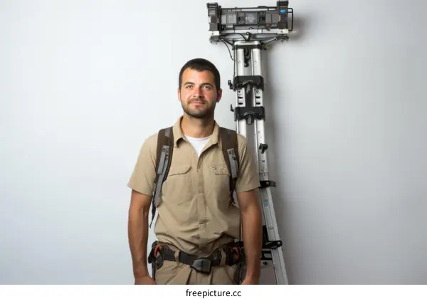 A man standing next to a camera crane