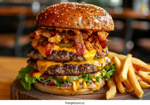 A delicious double cheeseburger with fries on a wooden board