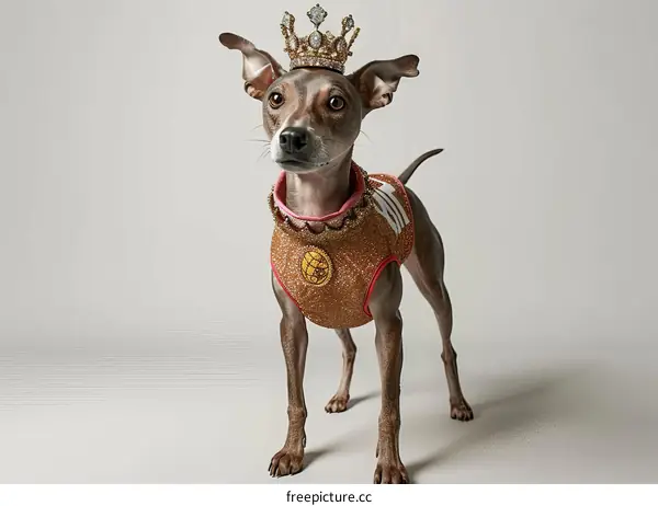 A cute dog wearing a golden crown and a golden necklace