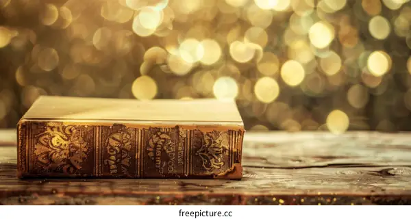 Old book on a wooden table with a blurred background