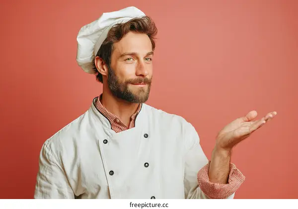 Chef Presenting a Dish Against a Coral Background