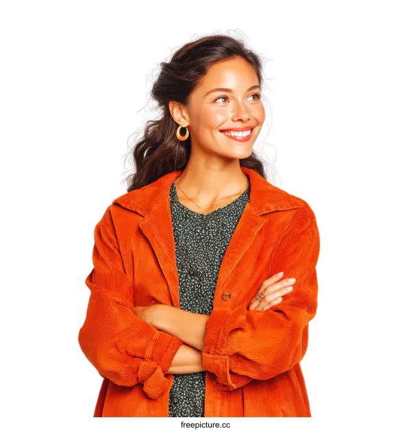 [Transparent Background PNG]Woman in Orange Corduroy Jacket Fashion Portrait