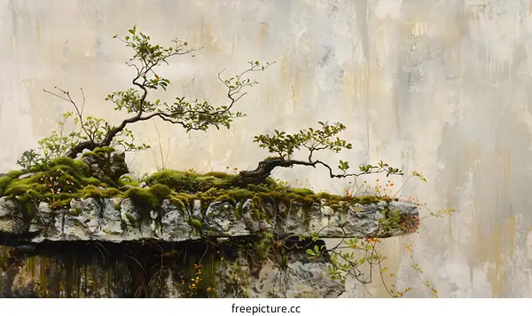 Green Bonsai Tree Growing On A Stone Wall
