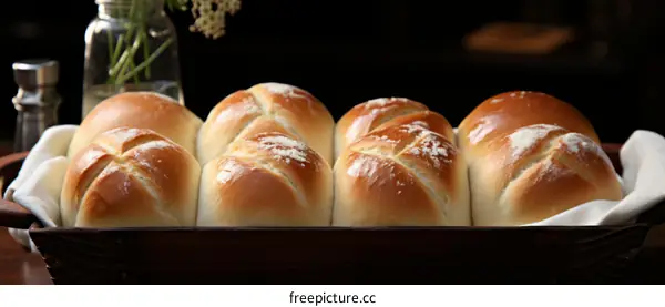 Freshly Baked Bread Rolls in a Wooden Basket