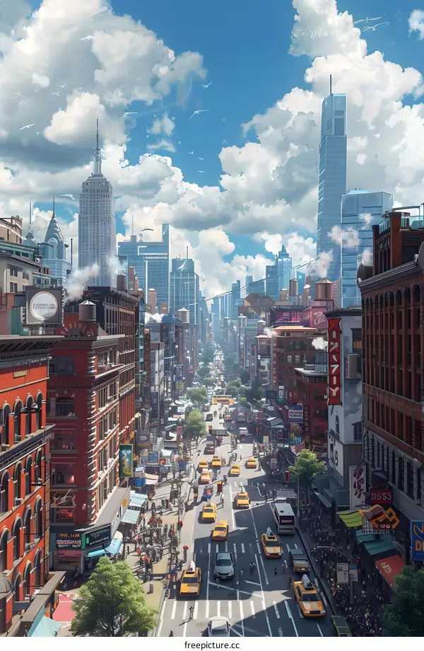 A crowded street with blue sky, white clouds and skyscrapers