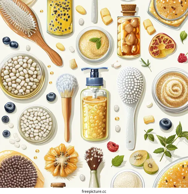 Natural beauty products ingredients seamless pattern background