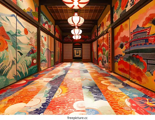 A long corridor with colorful walls and a patterned floor