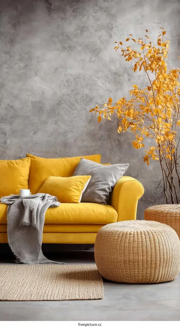 Modern Living Room Interior Design with Yellow Sofa