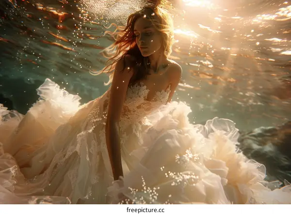 An underwater photo of a woman wearing a wedding dress