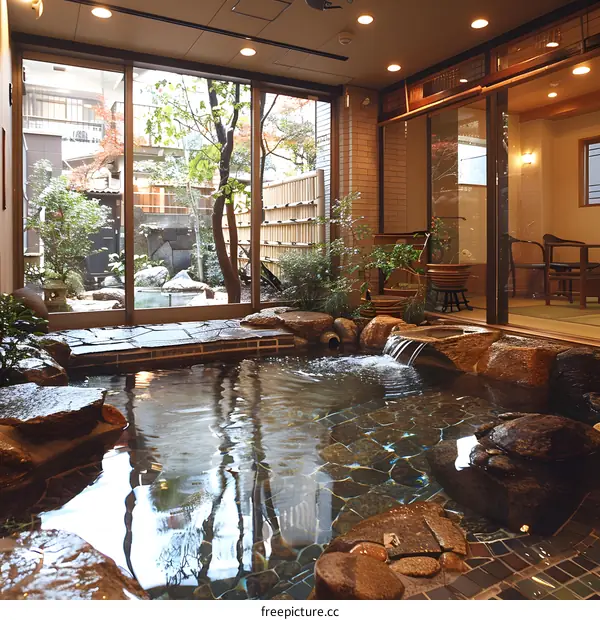 A photo of a beautiful onsen with a view of a Japanese garden
