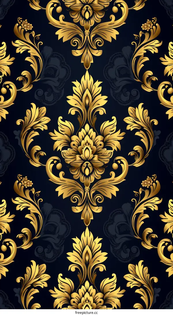 Golden Seamless Pattern with Vintage Floral Ornament on Black Background