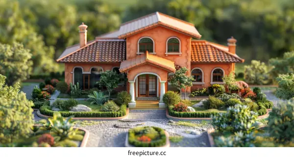 Small model house with detailed landscaping