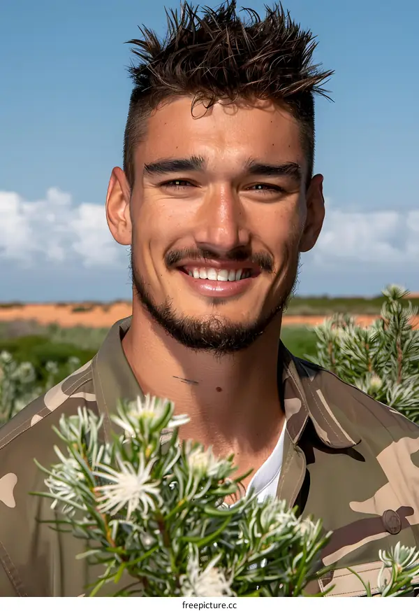 Smiling Man in Camo Shirt Holding Flowers