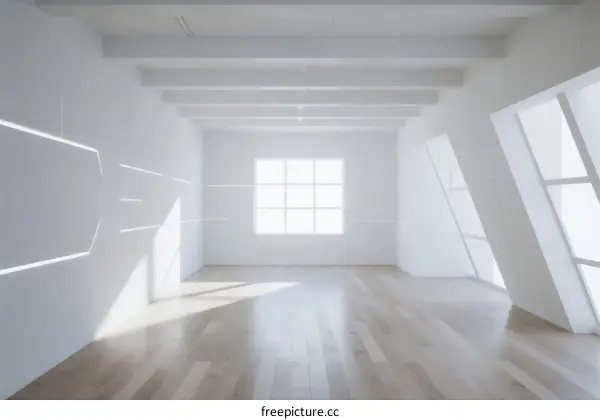 Bright and empty white room with large windows and wooden floor