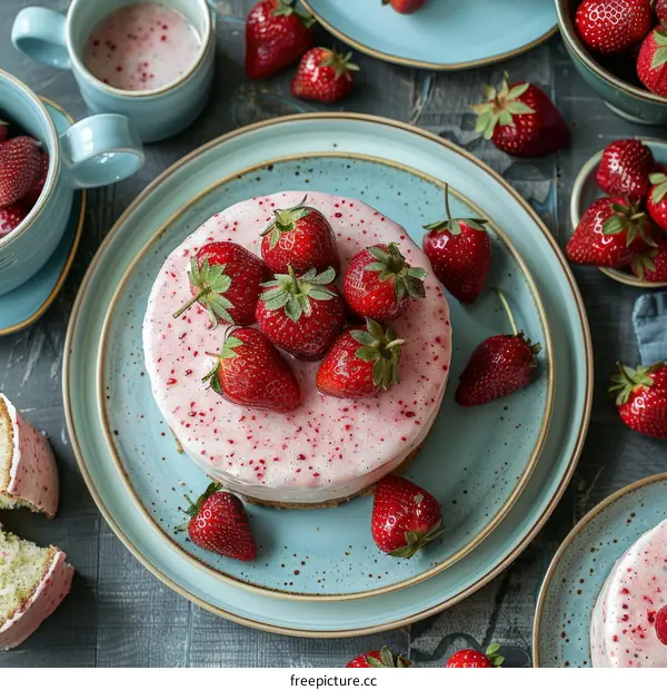 A strawberry cake with fresh strawberries on top