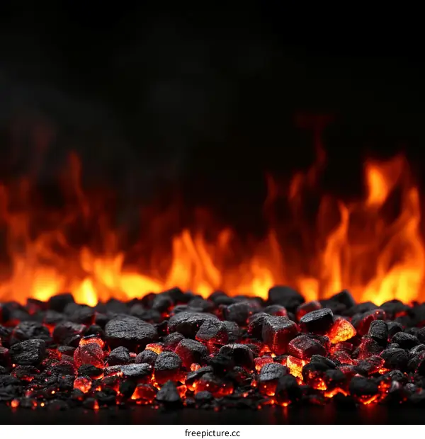 Glowing red hot burning charcoal with orange flames