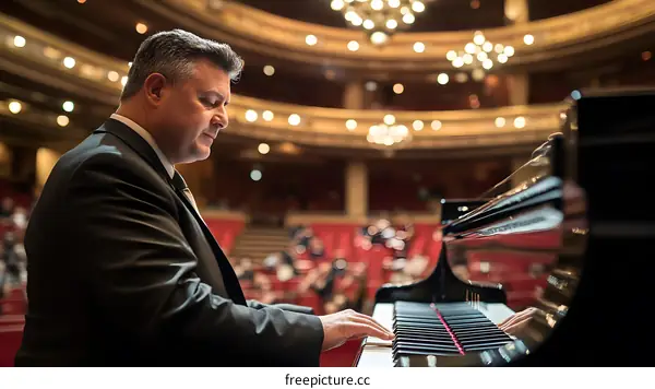 Man Playing Piano in Concert Hall