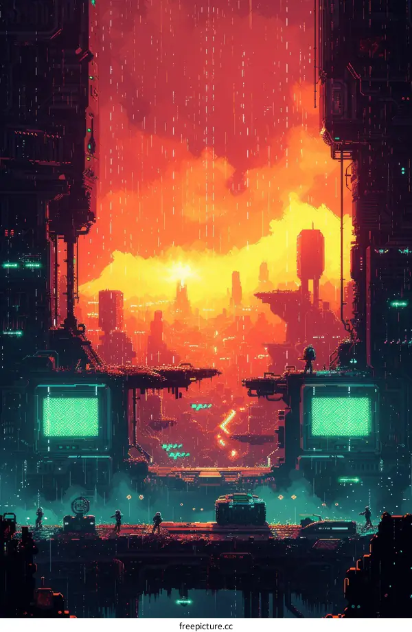 Pixelated Cyberpunk Cityscape with Sunset and Rain