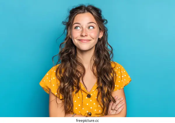 Smiling Woman in Yellow Polka Dot Dress