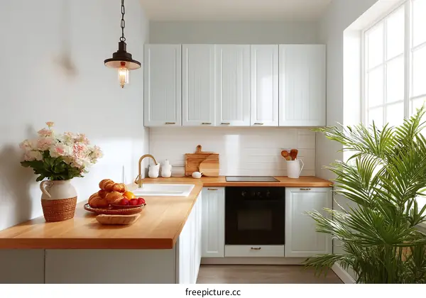 Cozy Modern Kitchen with Fresh Flowers and Breakfast