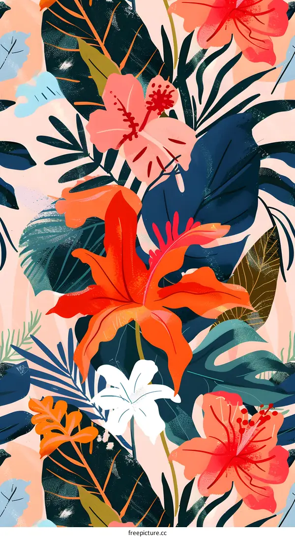 Tropical Floral Pattern with Bright Colors and Lush Greenery