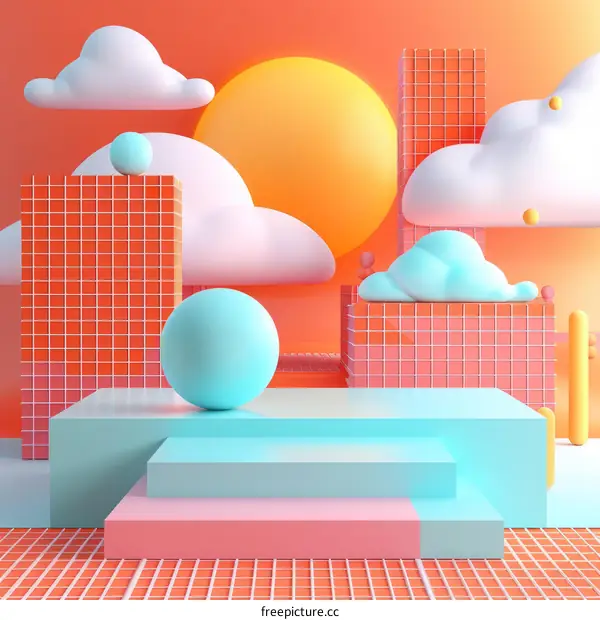 3D rendering of a podium with a blue sphere and clouds