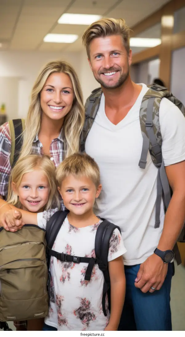 Family of four with backpacks smiling