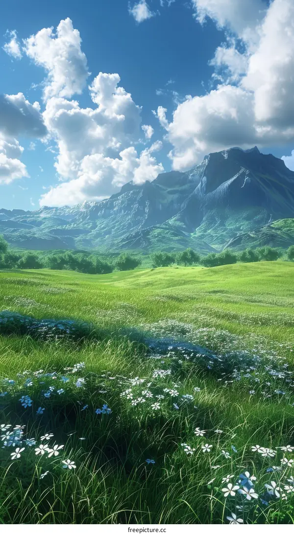 Green rolling hills under blue sky and white clouds