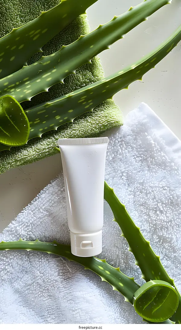Aloe Vera and Cream Tube on a White Towel
