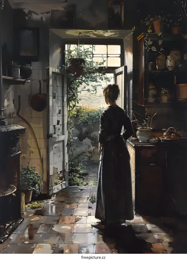 A woman standing in a kitchen doorway looking out at a field