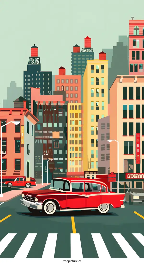 Vintage Red Car Driving Through City Street