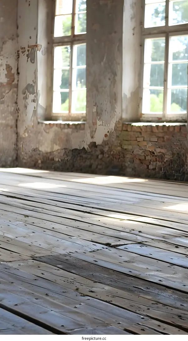 Old Wooden Floor in Abandoned Building with Windows