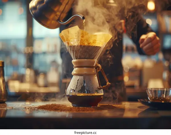 Barista pouring hot water into a coffee filter