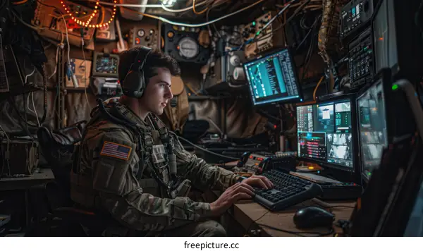 Soldier working on a computer in a military base.